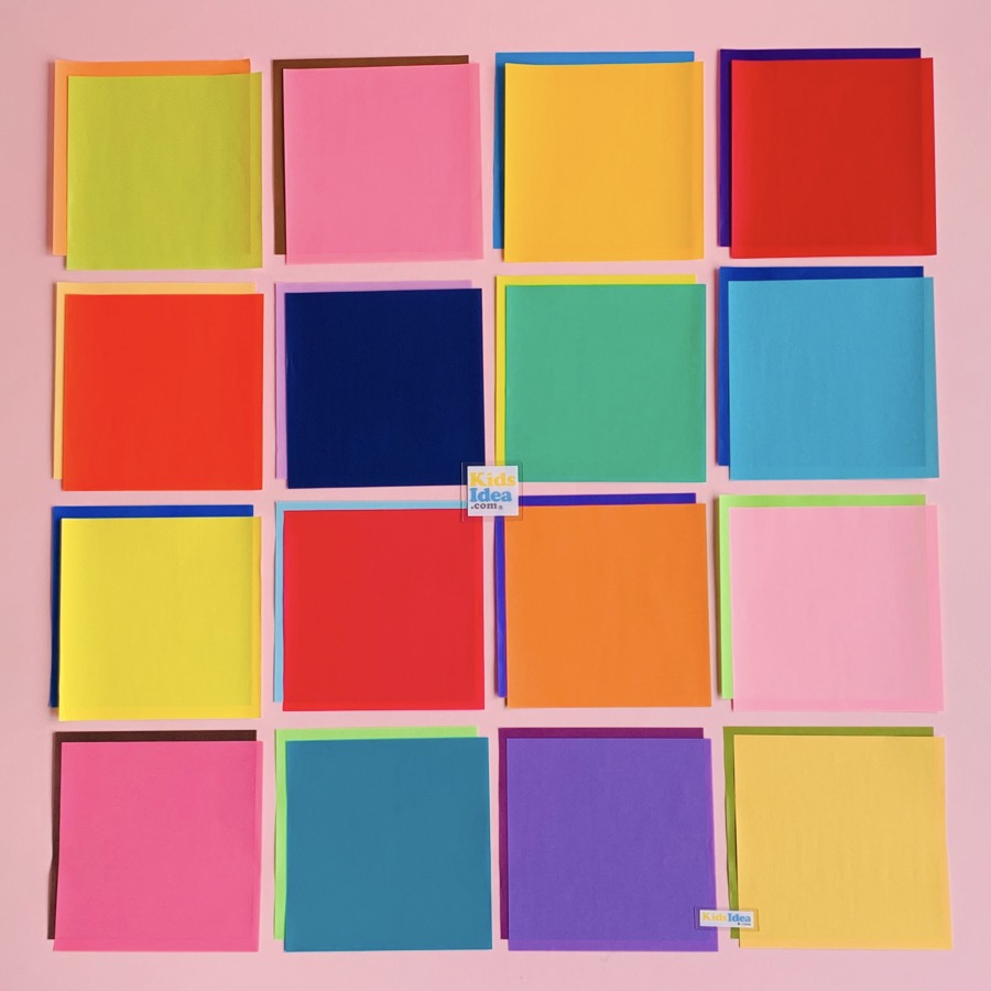 A photo of 16 origami pieces arranged in matching colors ©︎2025 kids-idea.com