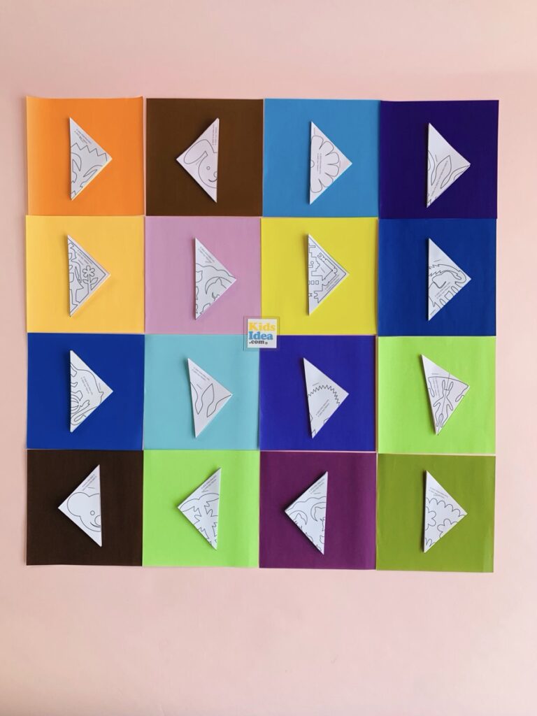 A photo of origami paper arranged in matching colors for the background ©︎2025 kids-idea.com